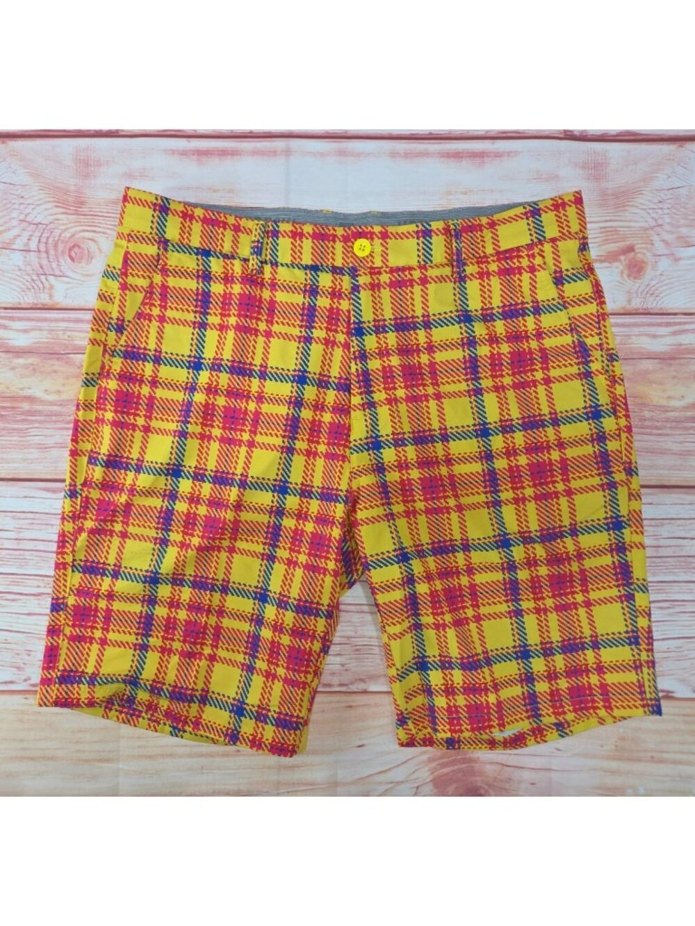 Hreski Mens Yellow Plaid Golf Shorts 36